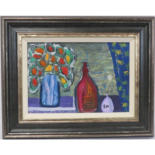 233 - Rio 'Still life study of flowers and a bottle' oil on board 25x35cm signed