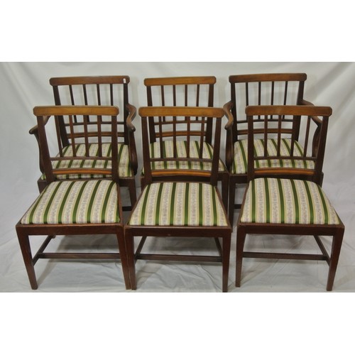 271 - Set of six Edwardian inlaid mahogany dining chairs with reeded rails, string inlay, striped upholste... 