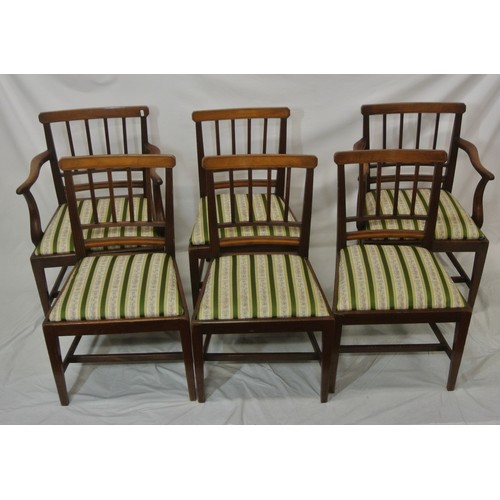 271 - Set of six Edwardian inlaid mahogany dining chairs with reeded rails, string inlay, striped upholste... 