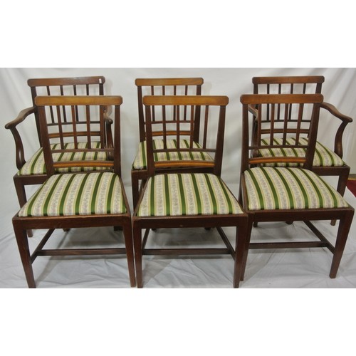 271 - Set of six Edwardian inlaid mahogany dining chairs with reeded rails, string inlay, striped upholste... 