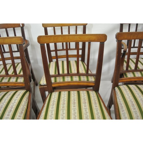 271 - Set of six Edwardian inlaid mahogany dining chairs with reeded rails, string inlay, striped upholste... 