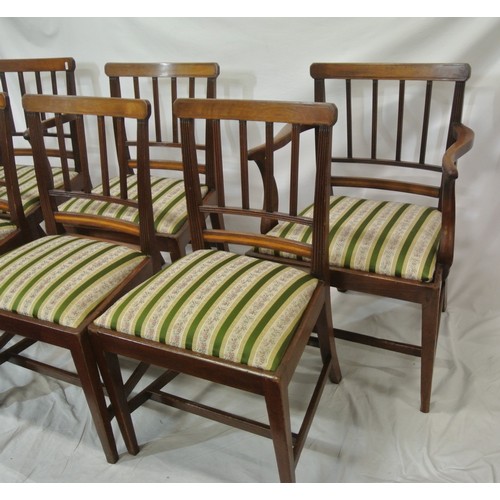 271 - Set of six Edwardian inlaid mahogany dining chairs with reeded rails, string inlay, striped upholste... 