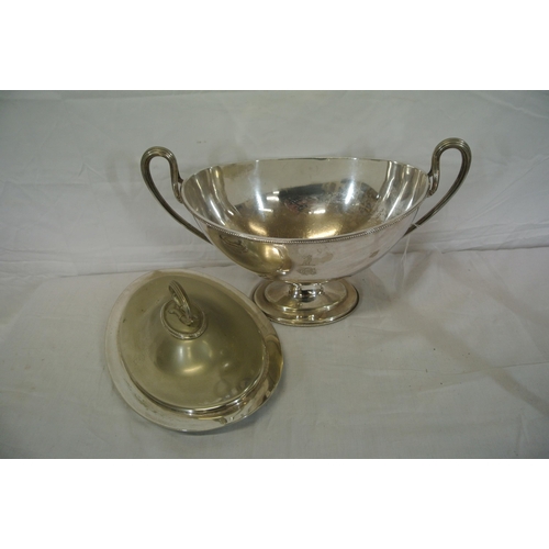 11 - Silver plated Greek style oval tureen with shaped handles, on oval spreading base