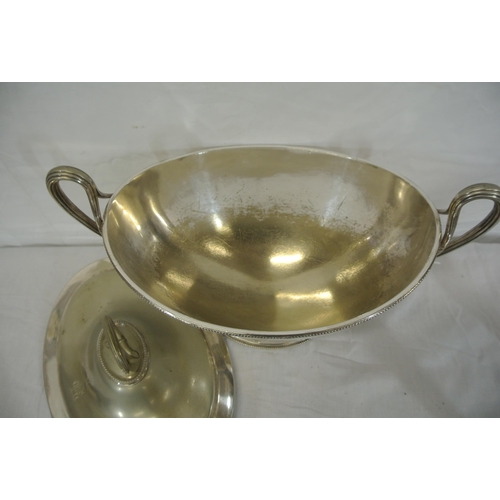 11 - Silver plated Greek style oval tureen with shaped handles, on oval spreading base