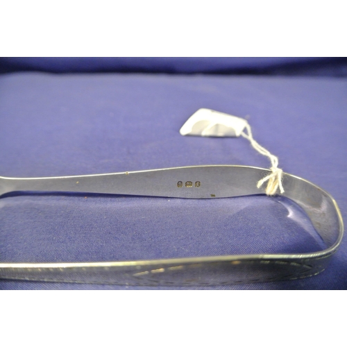 168 - Georgian English silver bright cut sugar tongs with oval decorated panels and oval grips with serrat... 