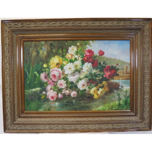 321 - English school 'Study of roses in a riverscape' oil on canvas 60x90cm signed indistinctly