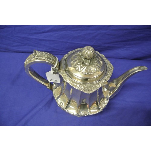 252 - George IV Irish silver teapot by James Fray, Dublin 1826 with fluted and foliate decoration, melon f... 