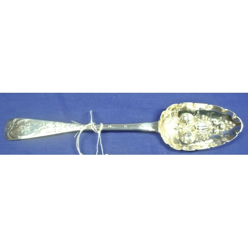 270 - Irish silver bright cut berry spoon with embossed oval bowl and crested handle, Dublin 1842, 24cm, 6... 