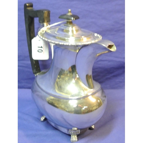 10 - Sheffield silverplated hot water pot with gadroon rim, shaped timber handle and on claw feet