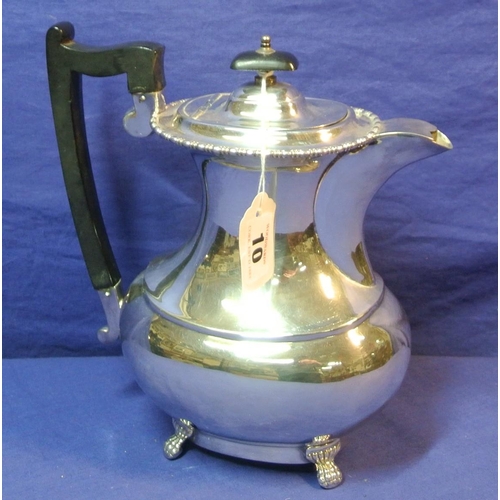 10 - Sheffield silverplated hot water pot with gadroon rim, shaped timber handle and on claw feet