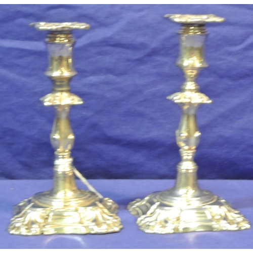 114 - Pair of small London silver candlesticks with ornate foliate decoration, stepped bases, and detachab... 