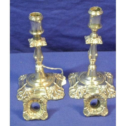 114 - Pair of small London silver candlesticks with ornate foliate decoration, stepped bases, and detachab... 