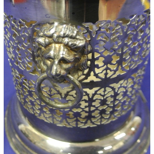 13 - Sheffield silverplated round bottle holder with lionmask drop handles and round base