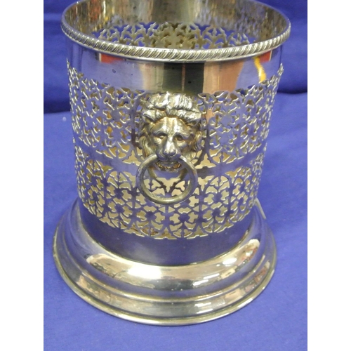 13 - Sheffield silverplated round bottle holder with lionmask drop handles and round base