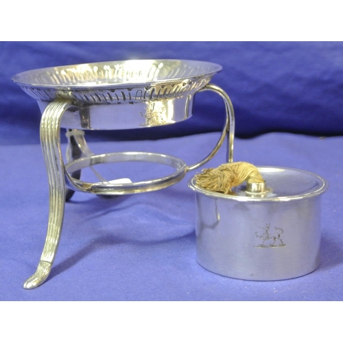 140 - Georgian English silver warmer stand with burner, crested, with reeded shaped legs. H18cm x D 10cm