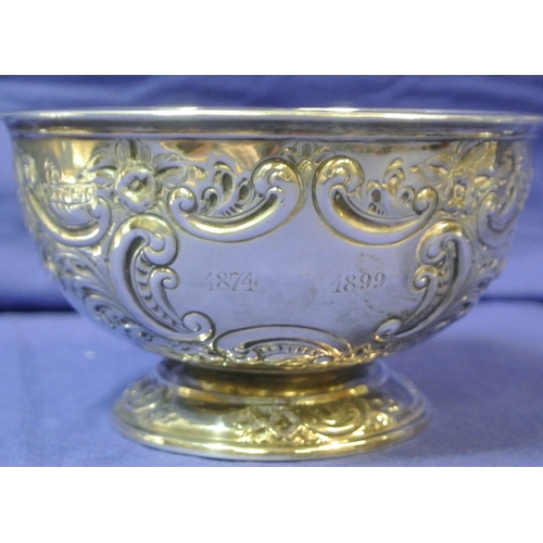 150 - Sheffied silver round rose bowl with ornate scroll and foliate decoration, cartouche, on raised base... 