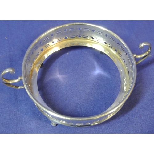 161 - Birmingham silver round glass holder with pierced decoration and shaped handles  H4cm X D 10cm