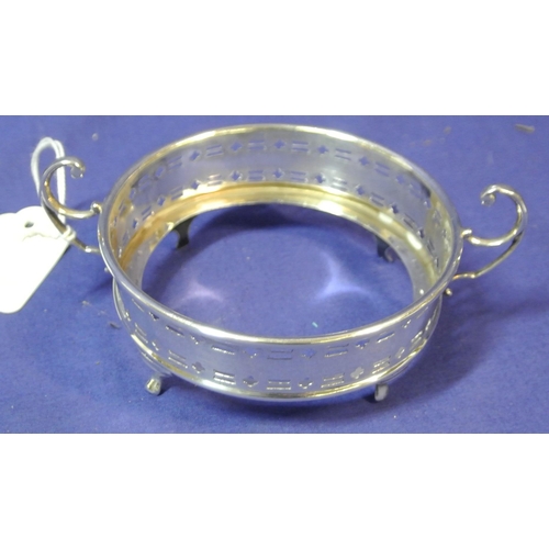 161 - Birmingham silver round glass holder with pierced decoration and shaped handles  H4cm X D 10cm