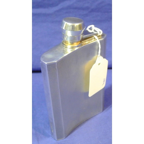 164 - English silver curved hip flask, inscribed panel   H 13CM X9CM