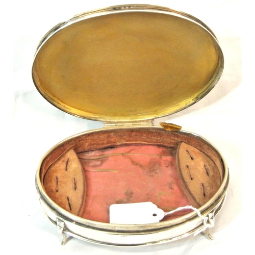 190 - Oval Birmingham silver jewellery box with beaded borders, on four cast legs H6cm x 17X13cm