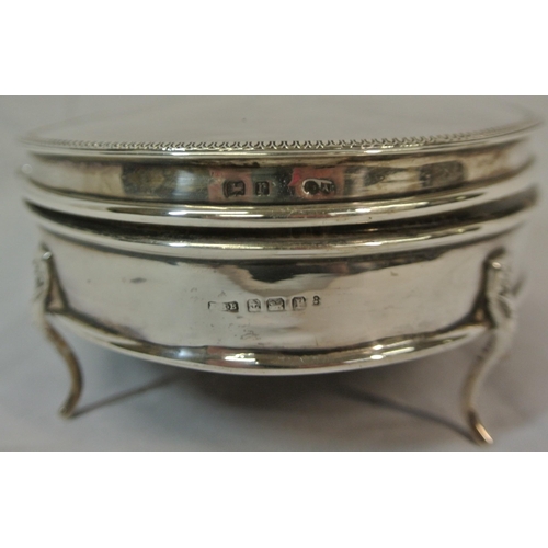 190 - Oval Birmingham silver jewellery box with beaded borders, on four cast legs H6cm x 17X13cm