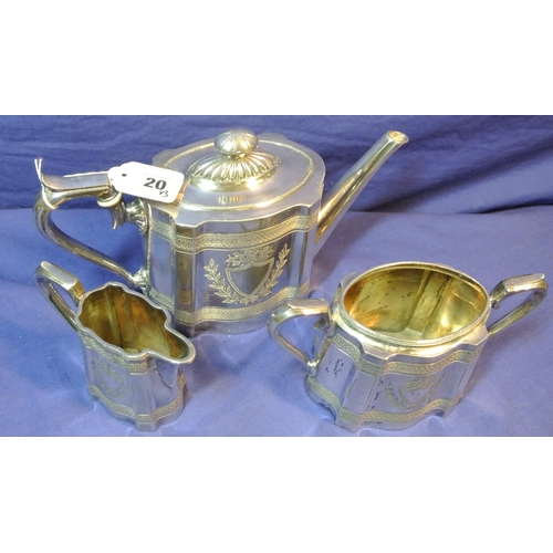 20 - Three piece silverplated tea service with banded and foliate decoration and shaped handles