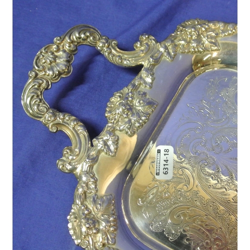 21 - Large silverplated serving tray with ornate grapevine and scroll decoration and a similar half size ... 