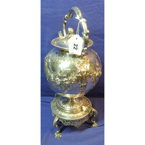 22 - Ornate silver plated kettle on stand decorated and chased with fruit and foliage, hinged, on round b... 