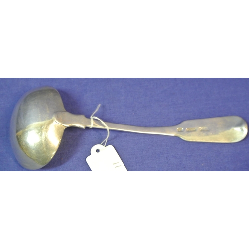 241 - Irish silver sauce ladle with crested fiddle pattern handle and oval bowl, by James Scott, Dublin 18... 