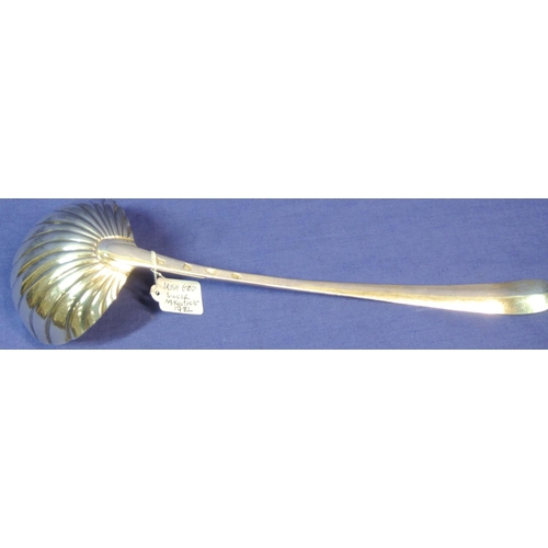 268 - Irish silver soup ladle with shell shaped bowl and bright cut crested handle, by Michael Keating Dub... 