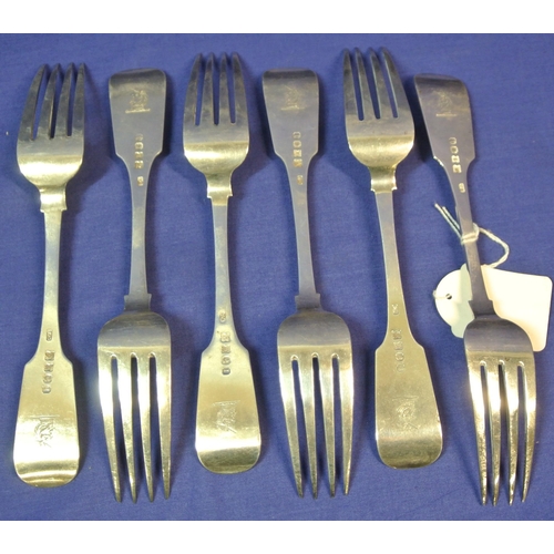 287 - Set of six Irish silver dinner forks with crested fiddle pattern handles, by Richard Garde Cork 1829... 