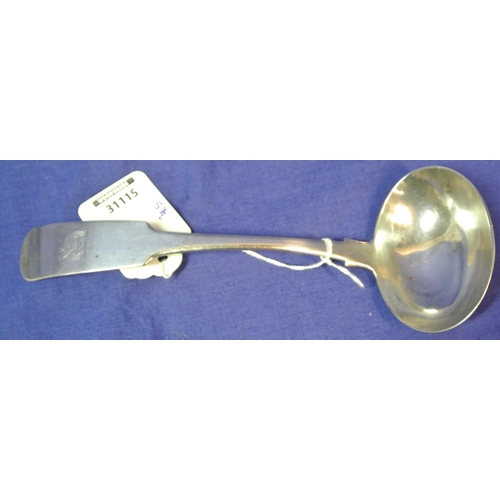 288 - Cork silver ladle with crested fiddle pattern handle, oval bowl, by Joseph Gibson c.1785 
9cm   57g