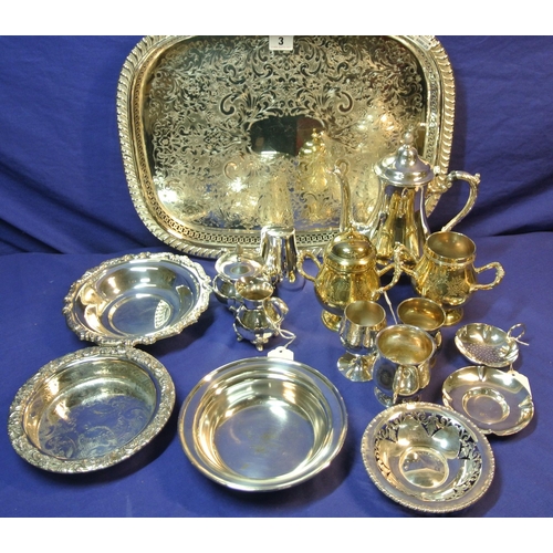 3 - Assorted lot of silverplated trays, coasters, tea service, etc in box