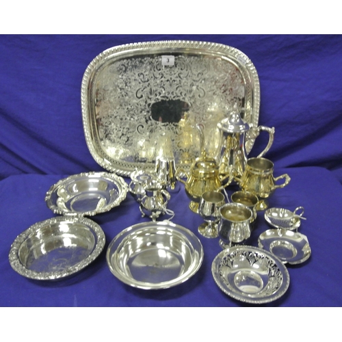 3 - Assorted lot of silverplated trays, coasters, tea service, etc in box