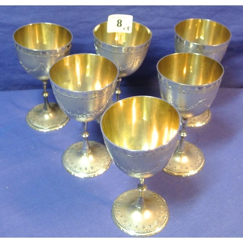 8 - Set of six silverplated and gilded stemmed goblets