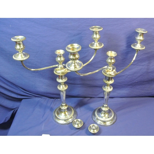 9 - Pair of ornate two branch silverplated candelabrae with gadroon borders and round bases