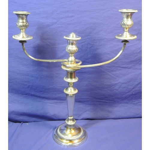 9 - Pair of ornate two branch silverplated candelabrae with gadroon borders and round bases