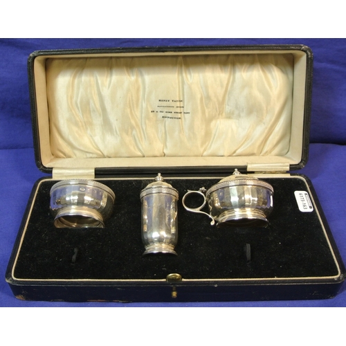 93 - Birmingham silver three piece condiment set, in presentation case