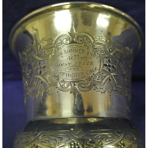 272 - Irish Georgian silver trophy cup inscribed 'Cork Summer Show 1877' by Jacob West Dublin 1818,  H 16c... 