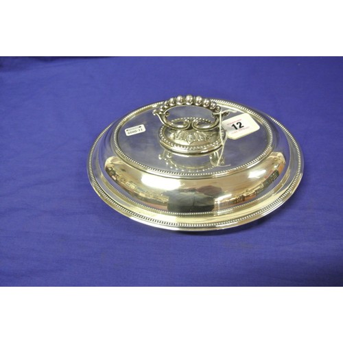 12 - Silverplated entree dish with cover and detachable handle with beaded decoration