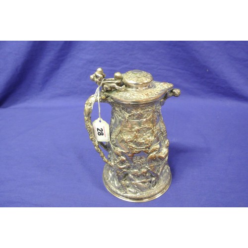 28 - Continental silver plated tankard with hinged lid, shaped handle, ornately decorated with figures, f... 