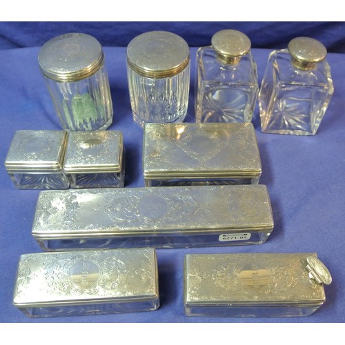 105 - 10-piece Victorian London silver topped glass dressing table set comprising boxes and bottles, with ... 