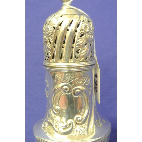 132 - Victorian London silver sugar caster ornately decorated with swags and foliage, cartouche, detachabl... 