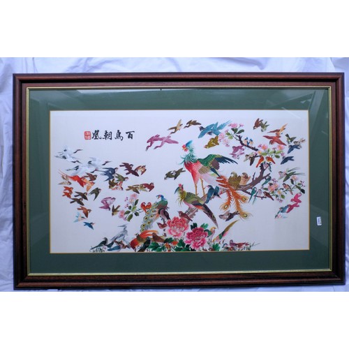 394 - Oriental school 'Colourful montage of birds' silkwork 42x75cm signed