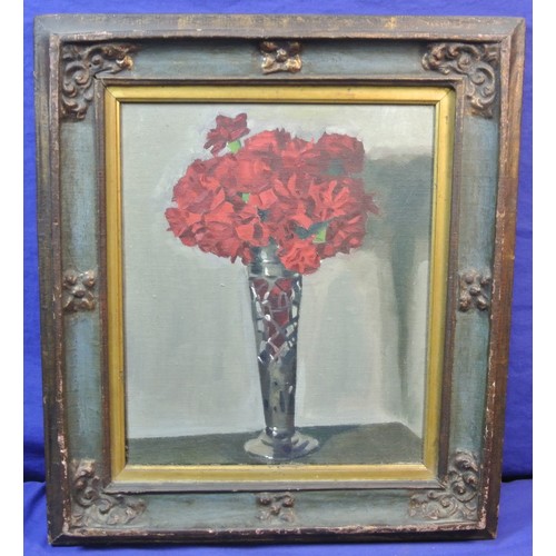 342 - Irish school 'Still life study of roses in a vase' oil on canvas 33x28cm (unfinished park scene vers... 