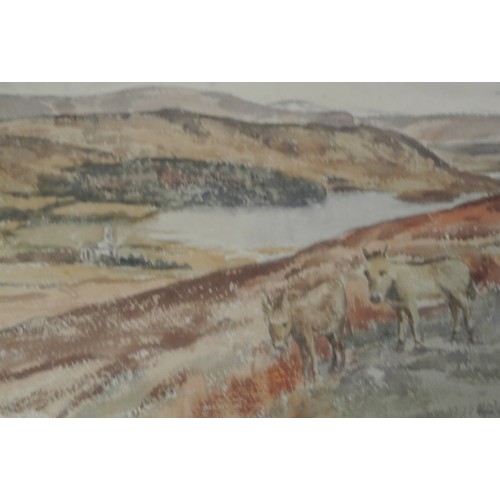 378 - Tom Nisbet RHA 'Donkeys on a hill above a coastal church' watercolour 26x36cm signed