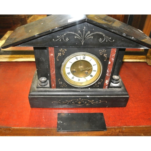 8 - French style marble mantle clock with angled top, circular brass framed dial (f)