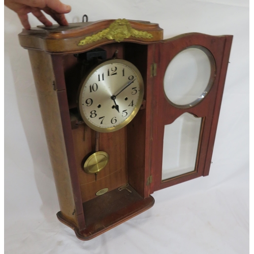 27 - Edwardian inlaid and crossbanded walnut wall clock with foliate ormolu mounts, round brass framed di... 