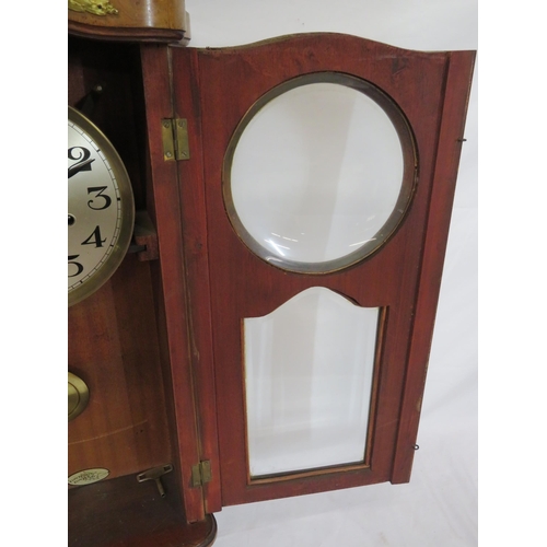 27 - Edwardian inlaid and crossbanded walnut wall clock with foliate ormolu mounts, round brass framed di... 