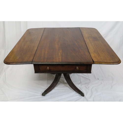 120 - Georgian mahogany Pembroke table with drop leaves, pull-out supports, frieze drawer with bun handles... 